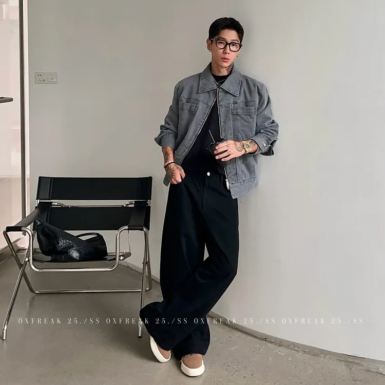 OXFREAK「重工军帆布」水洗灰色工装夹克男短款宽松翻领外套秋季