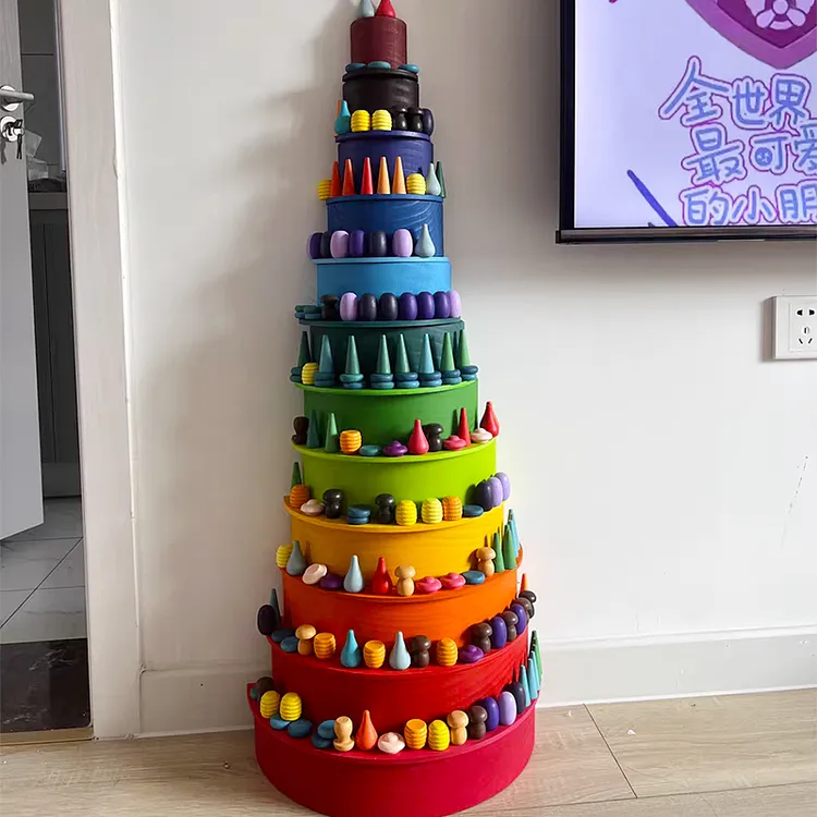 德国榉木儿童蒙氏大号彩虹积木制原木12色隧道拼装益智玩具1-6岁