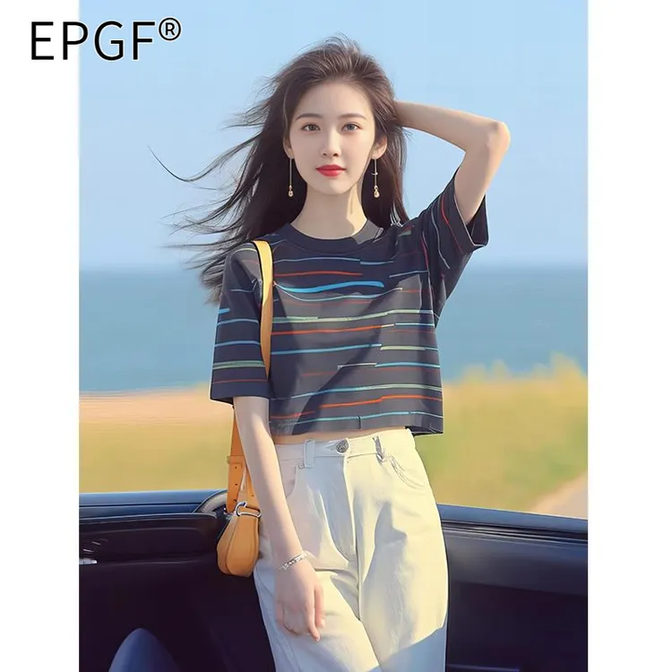EPGF今年流行小个子穿搭宽松条纹短袖T恤高级感上衣新款女装夏季