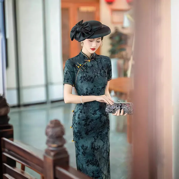 烟雨扎染提花旗袍|琳湘漫植绒长款|单层苎麻修身国风裙|江南短袖