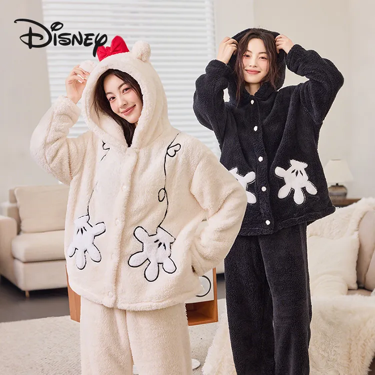 Disney/迪士尼冬季新款男女情侣同款加绒睡衣家居服套装连帽长袖