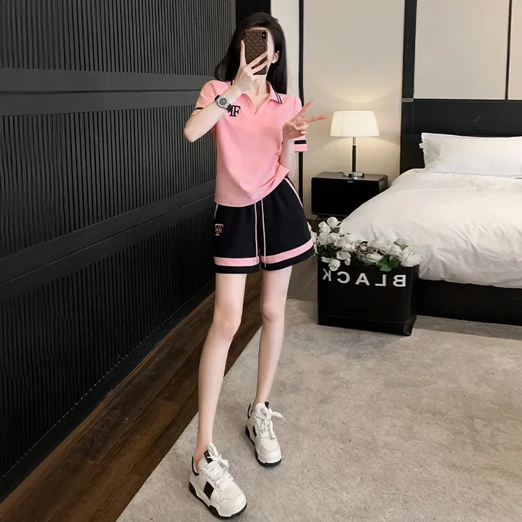 网红撞色时尚运动套装女夏季洋气质减龄POLO领短袖休闲短裤套装