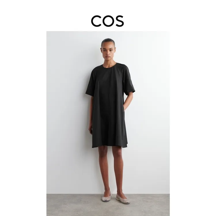 COS女装 休闲系带黑色圆领通勤A字连衣裙2025夏季新品1283854001