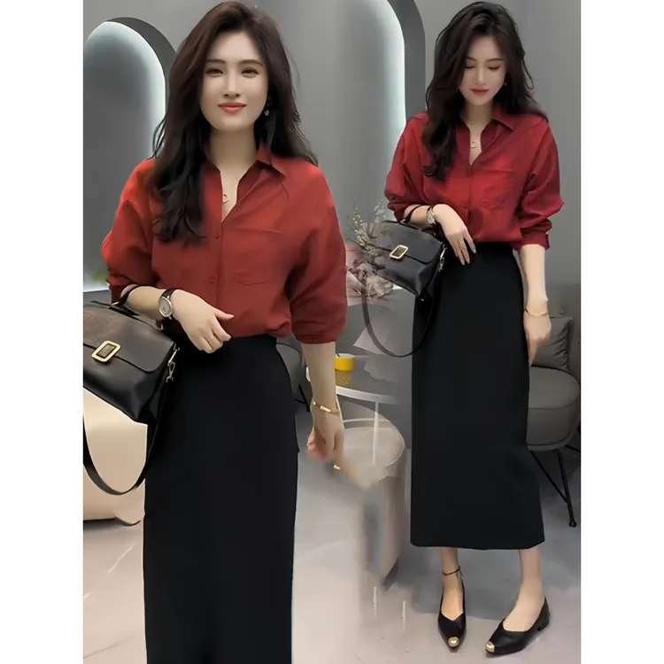 拉夏贝尔气质衬衫上衣套装女秋季2025御姐风长袖衬衣半身裙两件套