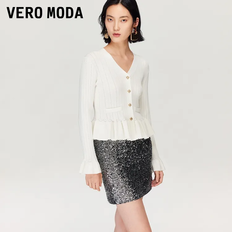 Vero Moda针织衫2025秋季竖坑条V领荷叶袖上衣老钱风松弛感女装