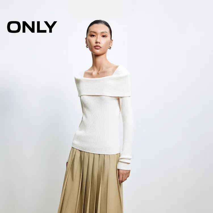 ONLY2025冬季新款显瘦纯色一字肩针织衫女优雅气质休闲|125324017