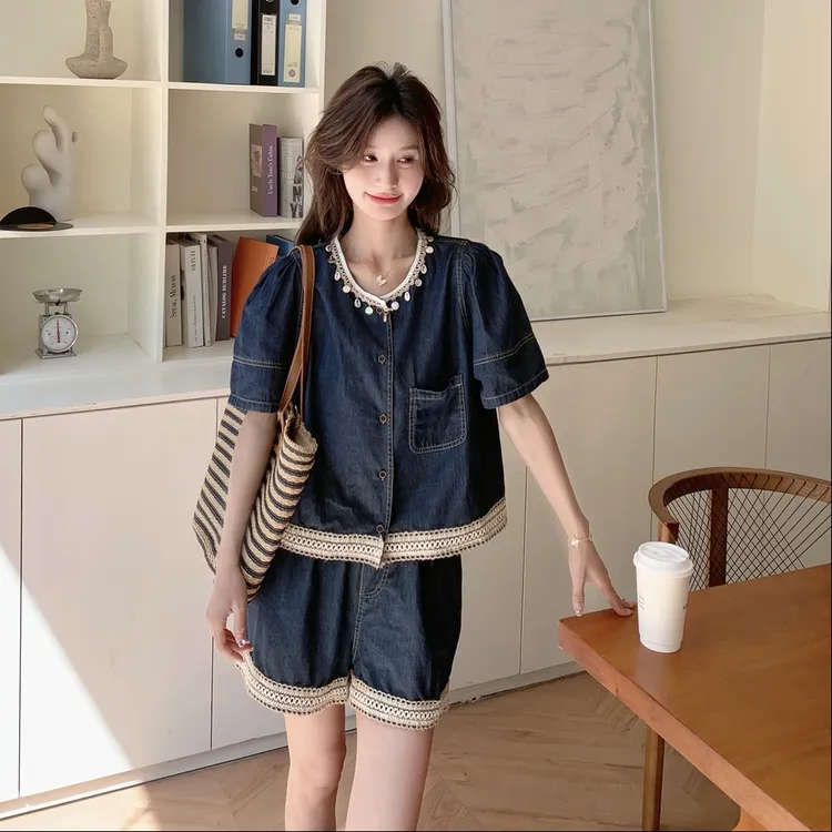 韩版牛仔时尚套装减龄阔腿夏季气质套装女6670