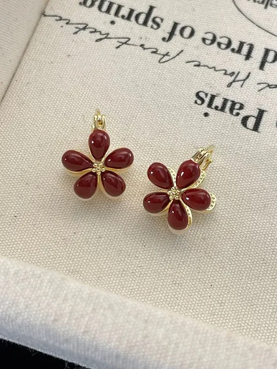 铜合金耳饰 法式复古红色双面花朵耳扣女轻奢小众气质耳环925银饰