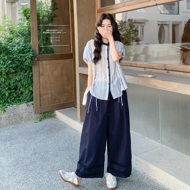 2025夏季宽松短袖衬衫拼接休闲裤子两件套套装时尚阔腿裤上衣显瘦