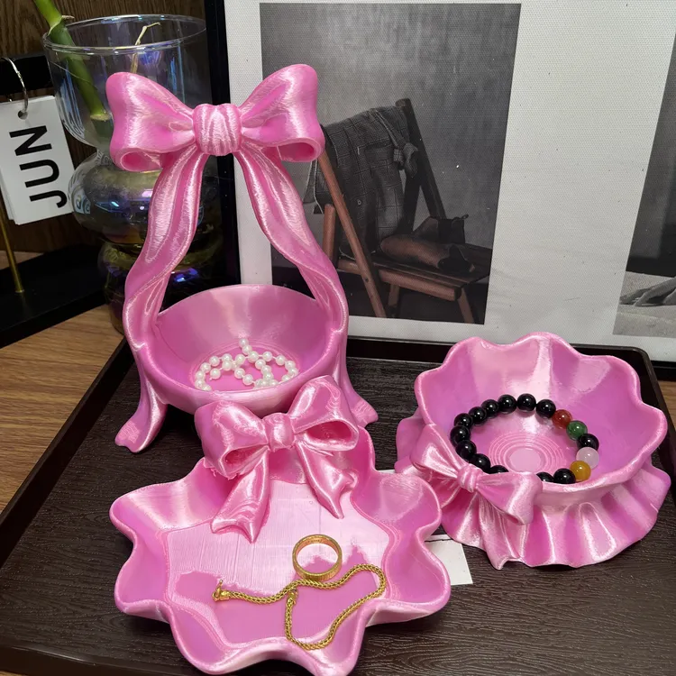 蝴蝶结钥匙收纳玄关摆件少女风桌面置物架饰品收纳盘客厅家居装饰