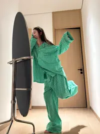 韩系慵懒风清新条纹睡衣女款秋季2025新款长袖长裤家居服套装外穿