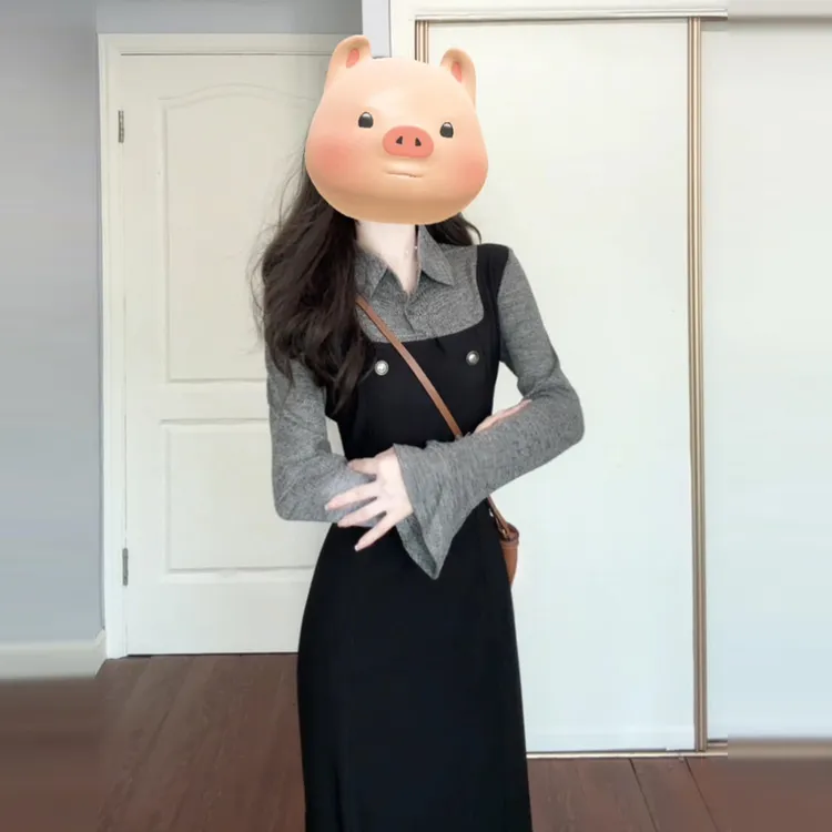 2025早秋季新款灰色polo假两件背带连衣裙子女学院风气质穿搭长裙