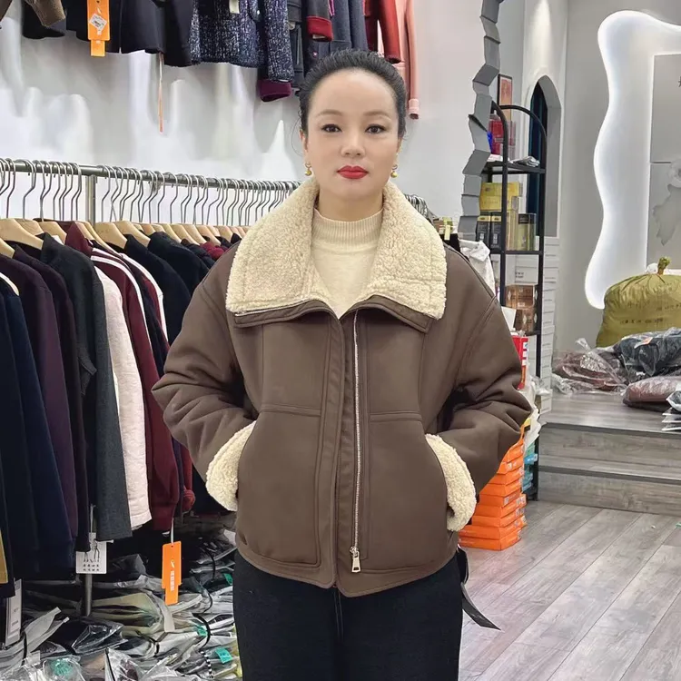 88655皮毛一体仿羊羔绒休闲棉衣外套时尚加绒保暖