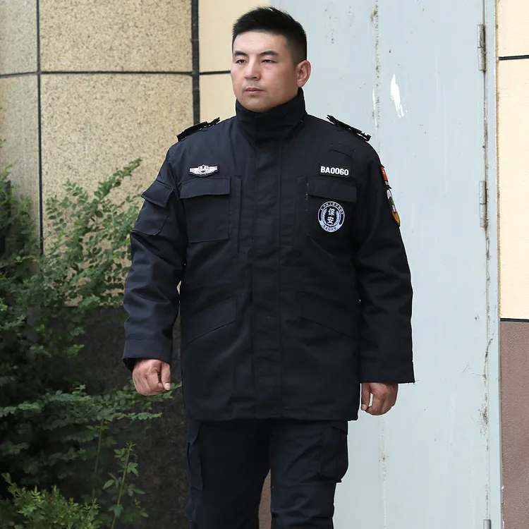 冬季安保大衣男加厚黑色执勤防寒服棉服工装制服女保暖中长款可拆