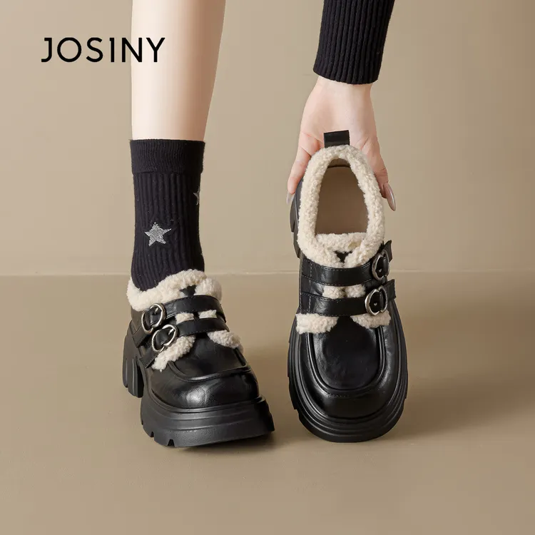 卓诗尼加绒乐福鞋女2025秋冬厚底棕色英伦风小皮鞋粗跟毛毛棉鞋子