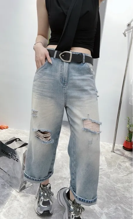 夏季新款破洞直筒牛仔裤女高腰百搭显瘦八分裤适合梨形身材