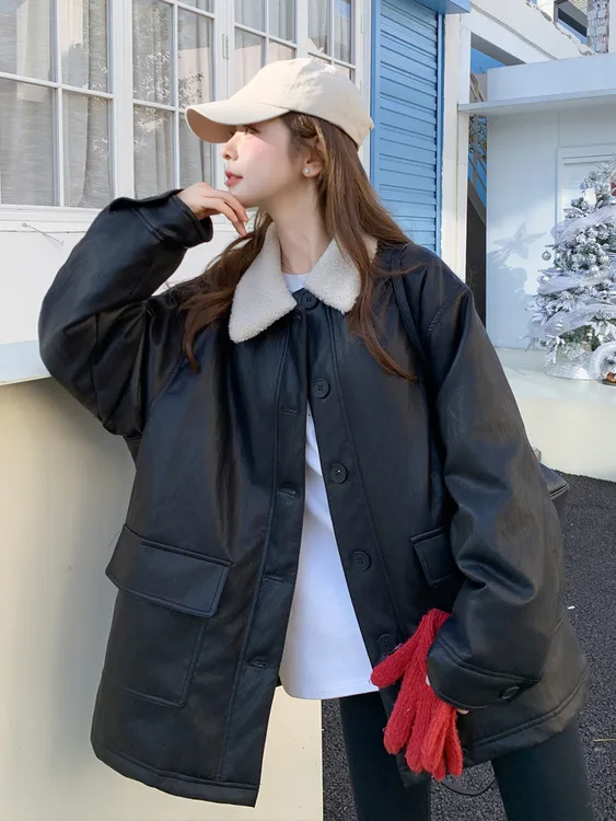 2025冬新款蛋白皮皮衣羽绒棉服韩版宽松休闲复古中长款羊羔毛外套