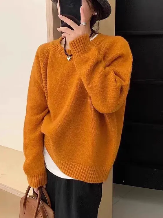 韩系简约圆领纯色针织上衣加厚秋冬梅子色套头毛衣新款保暖内搭女
