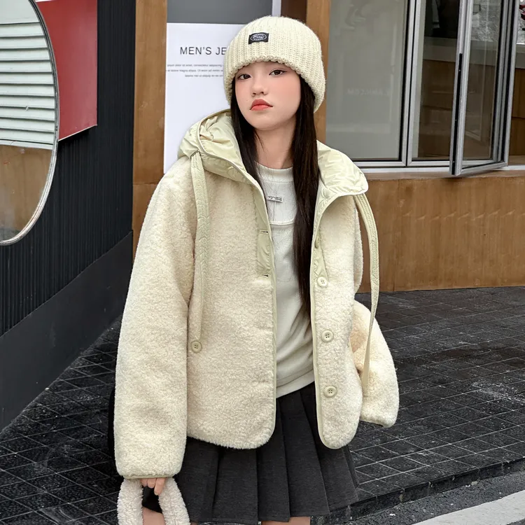 女童冬季新款加绒加厚保暖连帽外套毛毛衣