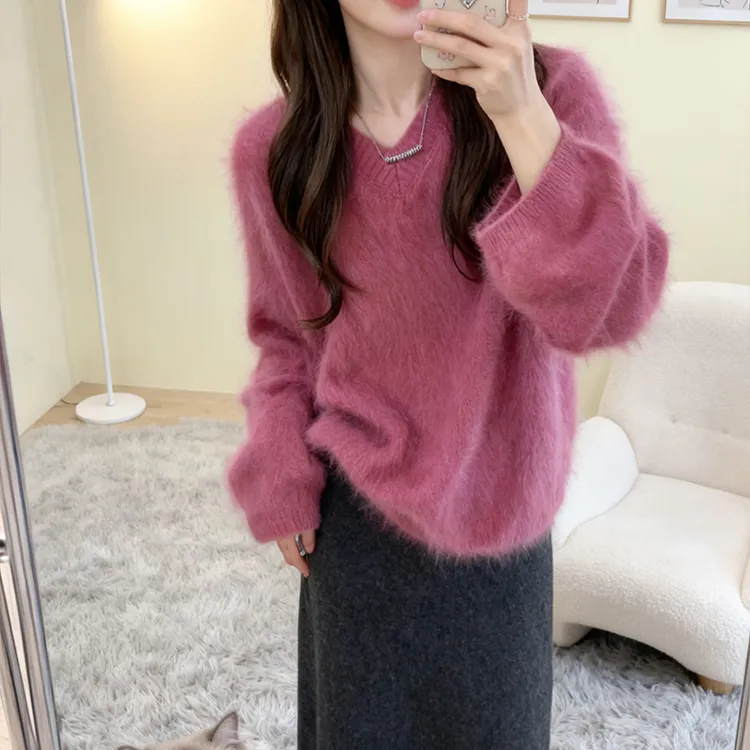 法式风软糯玫红色慵懒风针织衫套头长袖毛衣女高级感宽松针织上衣