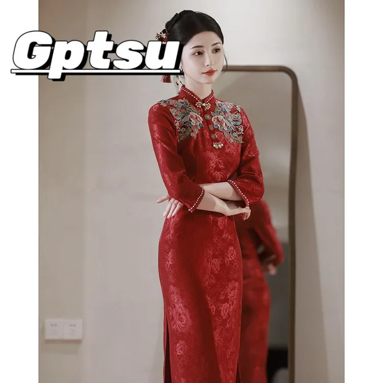 GPTSu红色旗袍敬酒服新娘2025春秋新款中式订婚礼服回门便装洋装