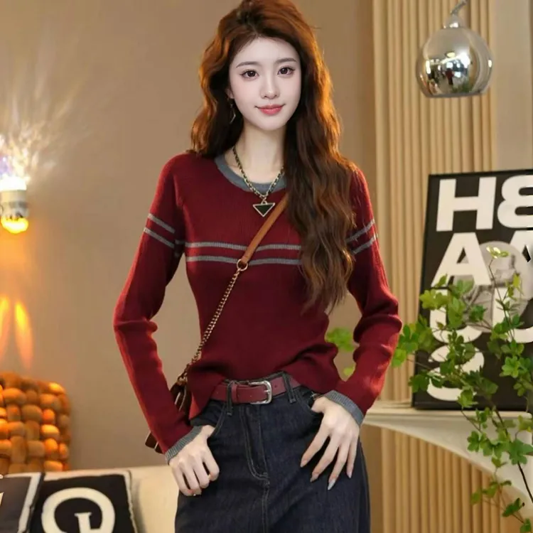条纹红色显瘦撞色长袖针织衫2024秋季新款高级感时尚百搭上衣