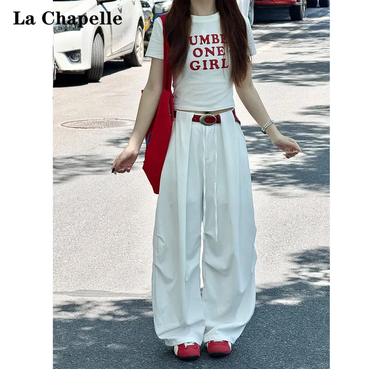 La Chapelle/拉夏贝尔高腰阔腿弯刀裤女2025夏季显瘦慵懒风休闲裤