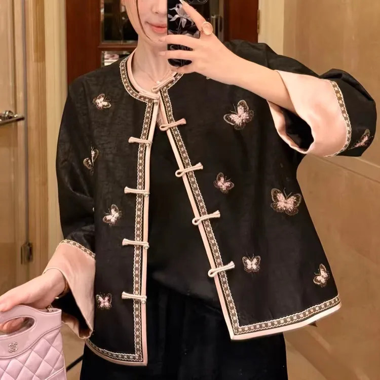 DY3030樱美嘉100桑蚕丝真丝香云纱龟裂纹秋新款刺绣上衣长袖外套