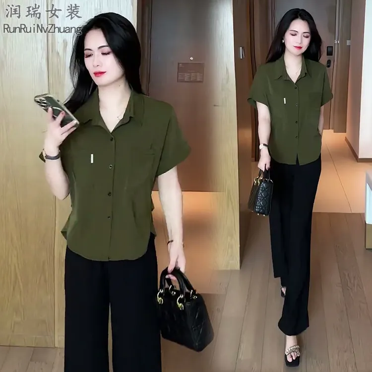 常规款复古港风衬衫夏季短袖上衣薄款2025两件套衬衫女装妈妈装潮