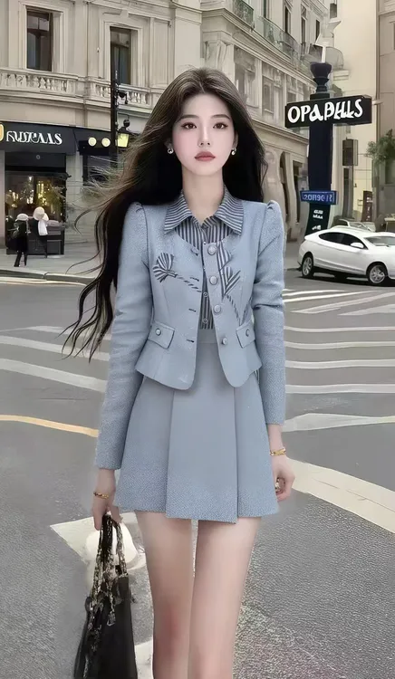 法式休闲风英伦风时尚套装浅蓝色长袖设计感外套+高腰显瘦半身裙