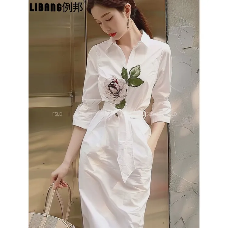 小个子显高冷淡风白色印花衬衫连衣裙子女2025时尚感夏季轻奢新款