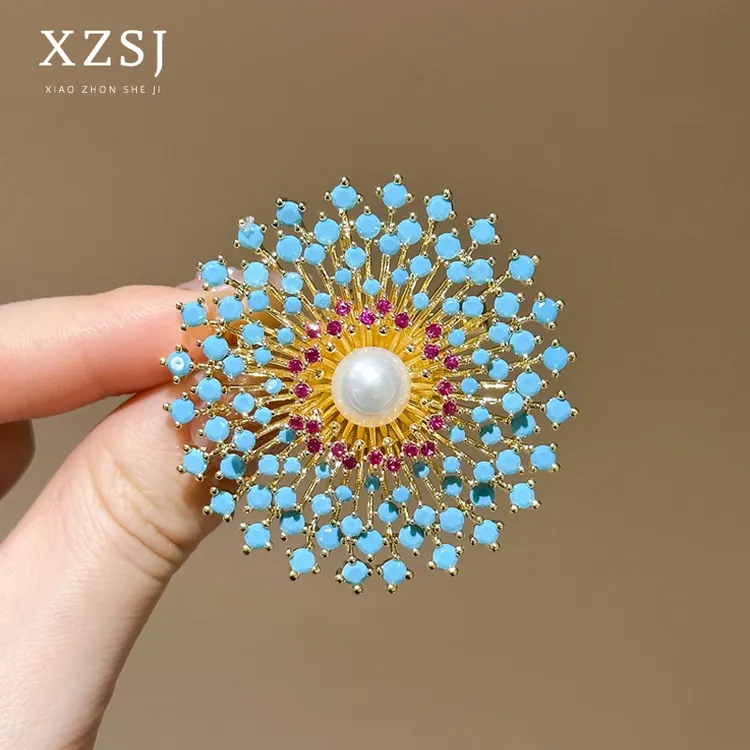 铜锆石胸针 蓝色满天星立体烟花造型胸花女高档轻奢大衣别针配饰