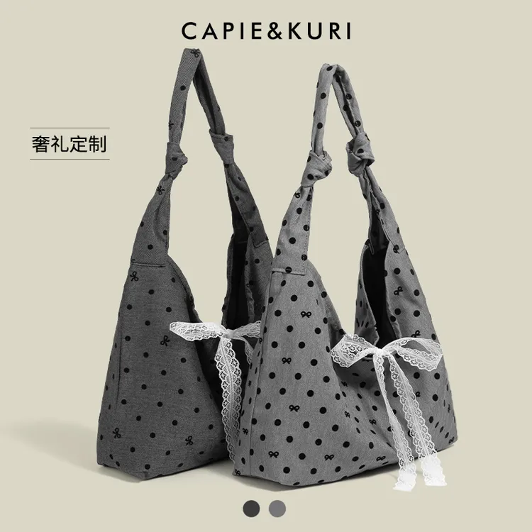CAPIE&KURI韩系波点蝴蝶结帆布包女2025新款大容量百搭通勤单肩包
