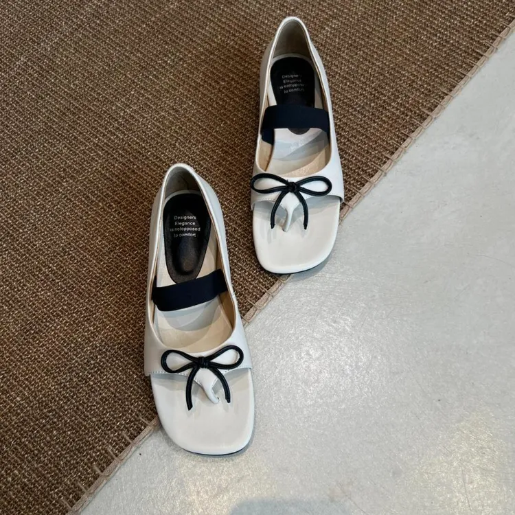 羊皮版~2025新款法式复古风蝴蝶结一字带凉鞋女外穿百搭粗跟凉拖