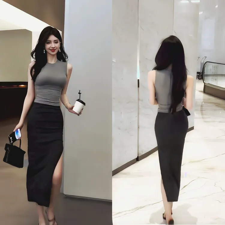 气质女人味套装显瘦裙子百搭修身性感开叉半身裙夏季通勤无袖T恤
