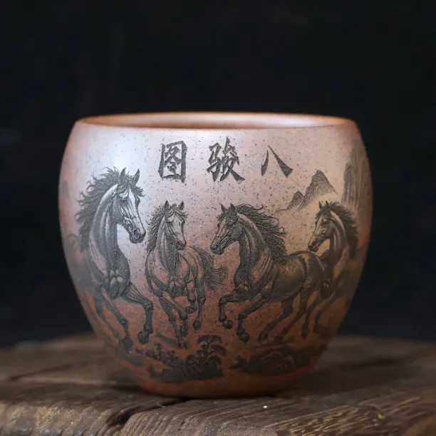 宜兴正宗一等品原矿紫砂精选紫砂杯龙骨金砂柴烧龙蛋杯八骏图茶杯