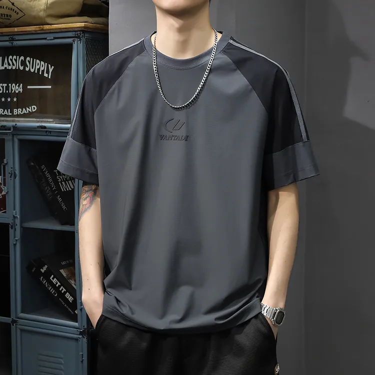 aoyu/遨宇夏季冰丝短袖t恤男运动2025新款潮牌撞色宽松速干体恤薄
