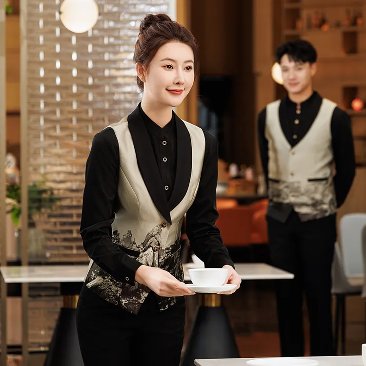 京橙高端酒店服务员工作服秋冬餐饮餐厅宴会厅饭店马甲衬衫套装