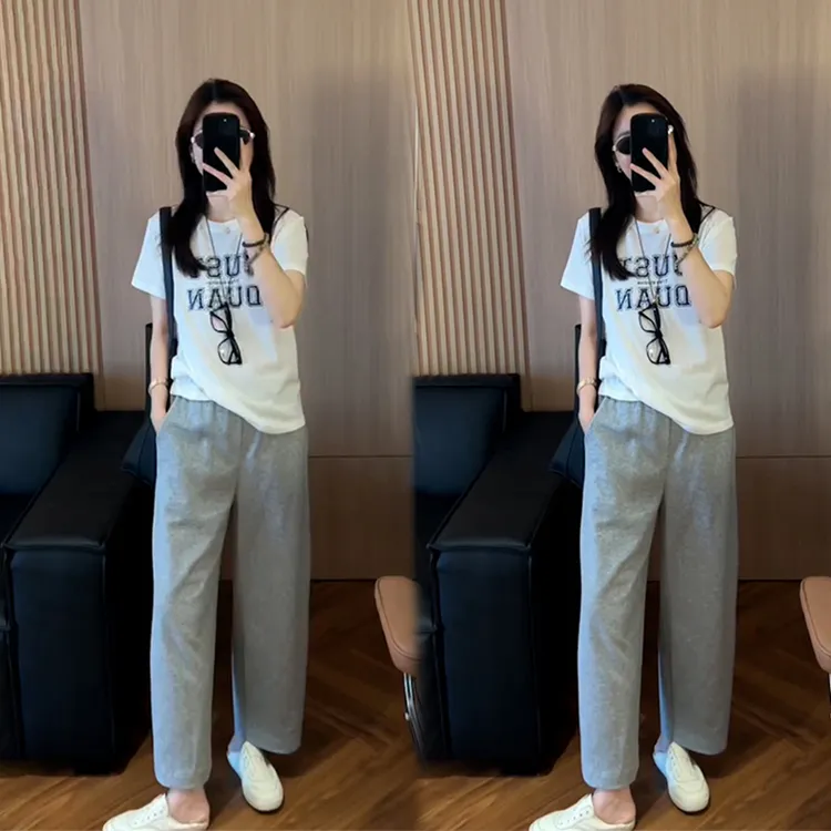 松弛感时尚休闲套装女夏季减龄印花字母白色T恤休闲裤搭配一整套