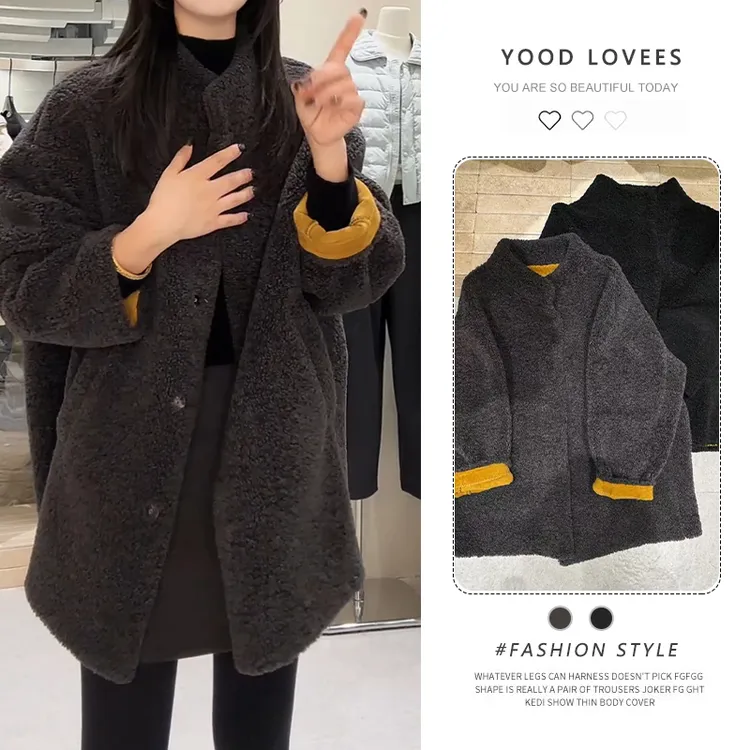 气质复古慵懒风单排扣老钱风外套女秋冬新款宽松显瘦休闲毛毛上衣