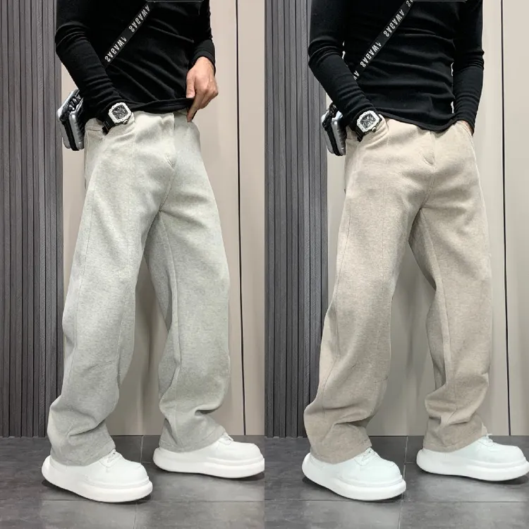 秋冬加绒男士纯色保暖休闲裤潮流运动阔腿裤韩版修身百搭重磅卫裤