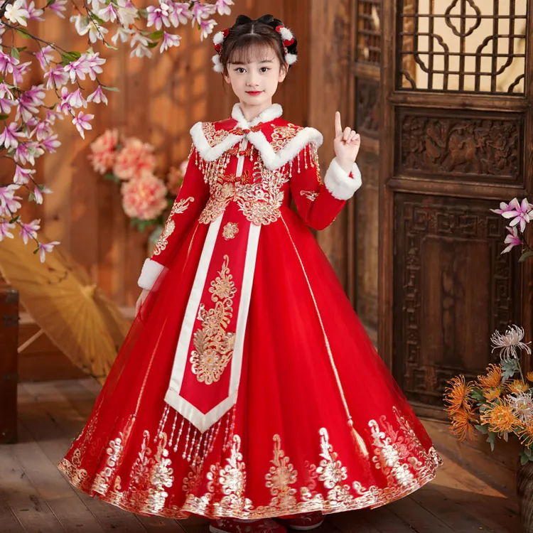 女童拜年服唐装中国风汉服冬装过年儿童旗袍裙新年装秋冬款连衣裙