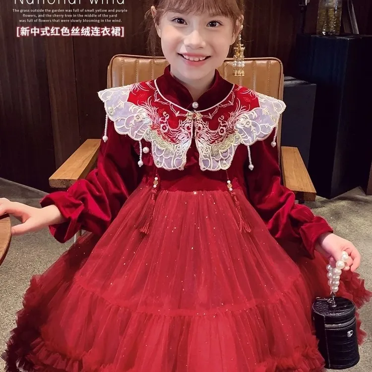 女童加绒新年拜年红色连衣裙洋气秋冬裙子新款宝宝儿童公主礼服