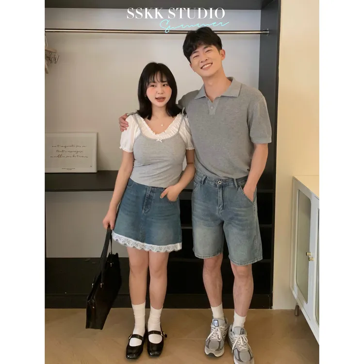 KMZY/KMZY山_山【牛仔甜梦】微胖韩版时髦甜酷蕾丝花边拼接牛仔短裙