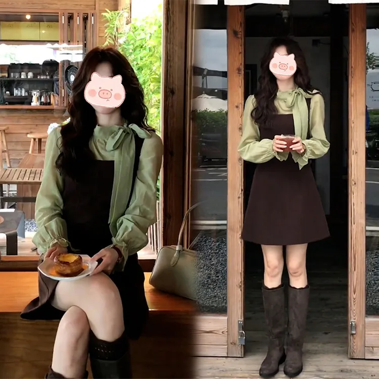 秋季新款韩系高智感半高领系带蝴蝶结衬衫修身显瘦吊带裙两件套女