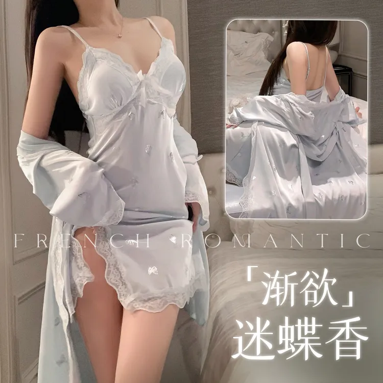 「蓝影蝶语」渐欲迷蝶香带胸垫性感吊带睡裙睡袍5005-5006