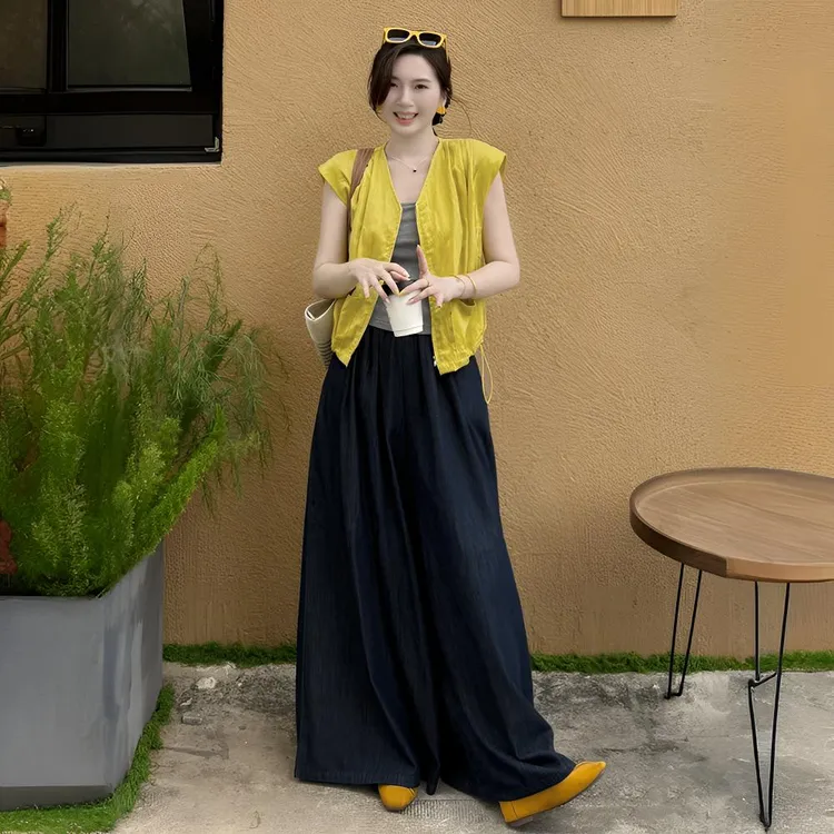 2025夏季新款无袖坎肩宽松上衣搭阔腿裙裤两件套时髦法式休闲风