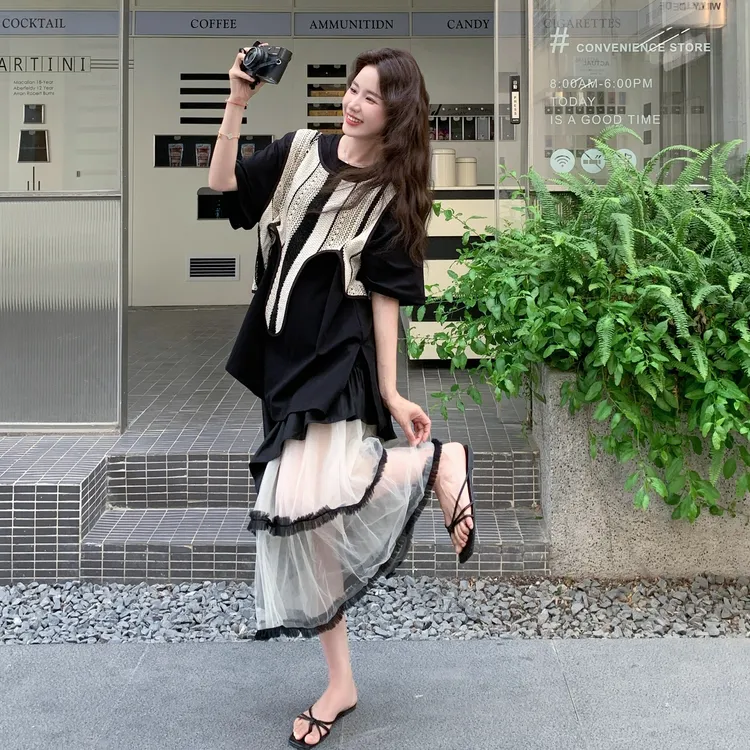 撞色拼接不规则马甲T恤半身裙套装女夏独特漂亮女生韩系ins短袖