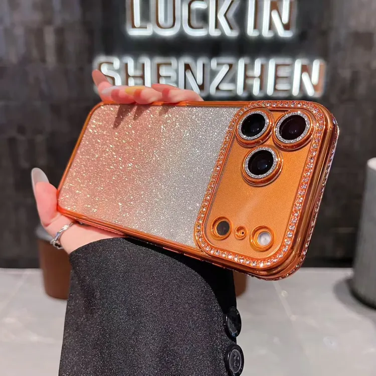 适用于苹果17promax手机壳透明闪粉带镜头膜奢华水钻边框网红女款