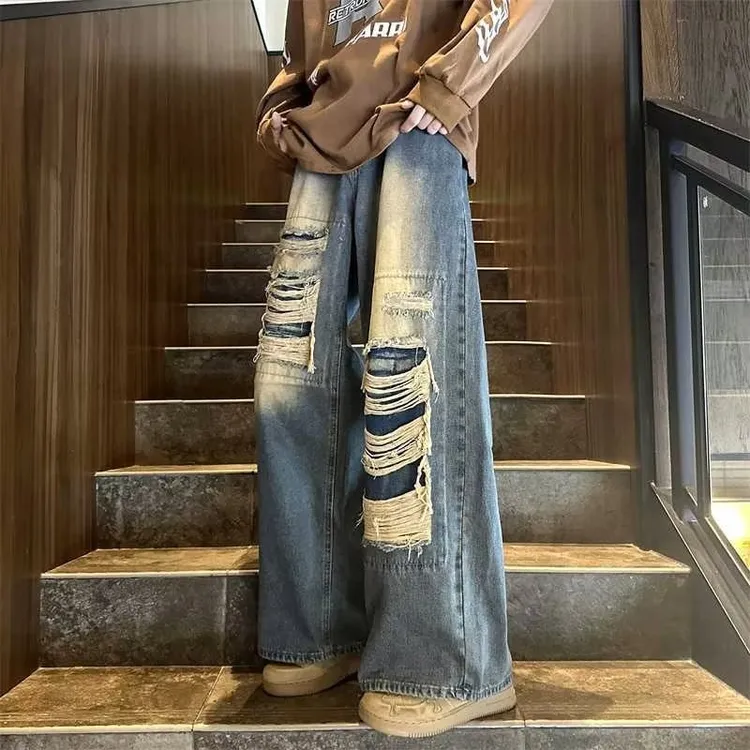 复古破洞牛仔裤男水洗做旧宽松阔腿直筒拖地潮牌高街裤子